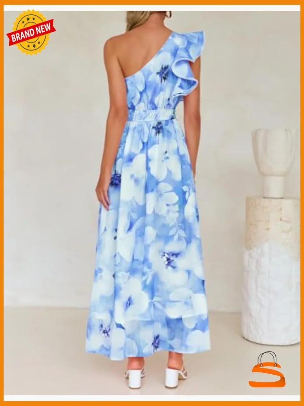 Sleeveless Floral Maxi Dress One Shoulder Ruffle High Waist Boho Beach Wedding